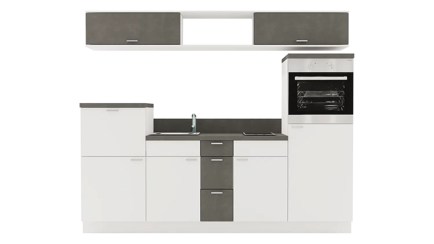 Express Küchenzeile mit Geräten in Weiß & Stahl dunkel: 250 cm, Spüle links | Singleküche "EXK270-3-1-l" / Bild 1