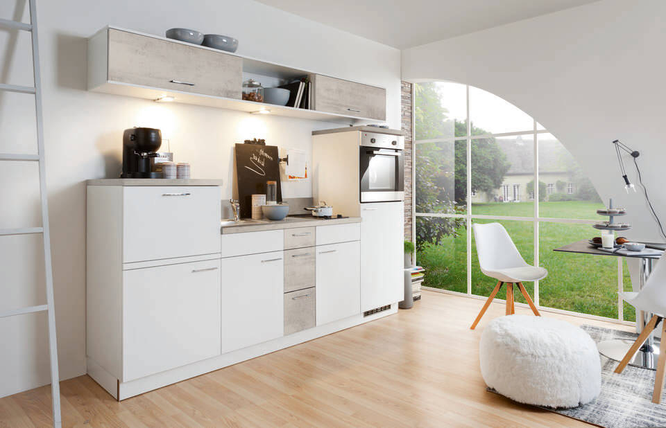 Express Küchenzeile mit Geräten in Weiß & Beton hell: 250 cm, Spüle links | Singleküche "EXK270-1-1-l" / Bild 1