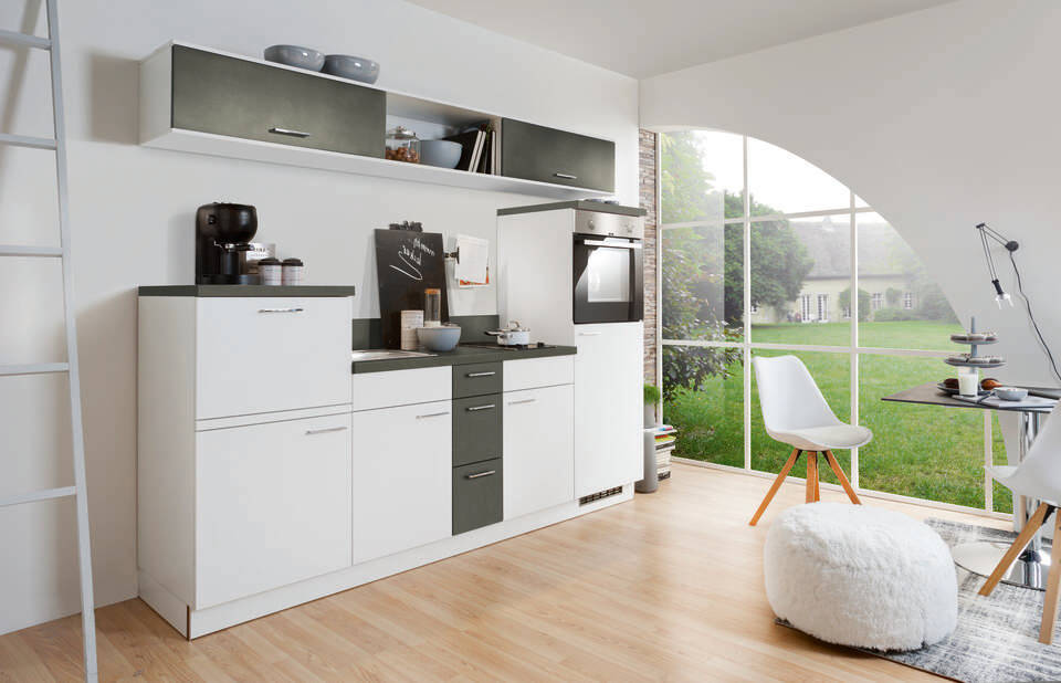 Express Küchenzeile mit Geräten in Weiß & Stahl dunkel: 250 cm, Spüle links | Singleküche "EXK270-3-1-l" / Bild 2