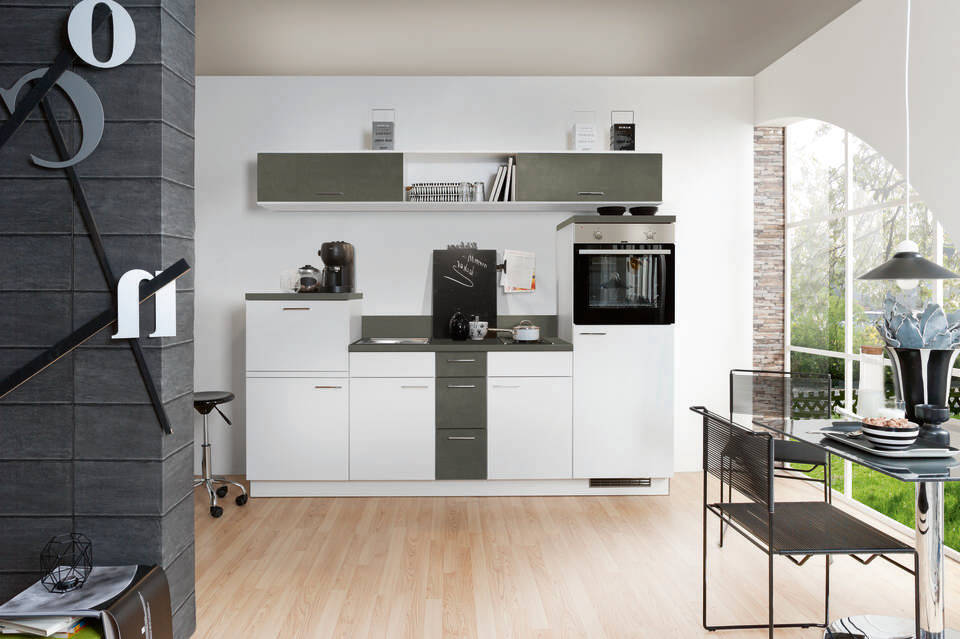 Express Küchenzeile mit Geräten in Weiß & Stahl dunkel: 250 cm, Spüle links | Singleküche "EXK270-3-1-l" / Bild 3