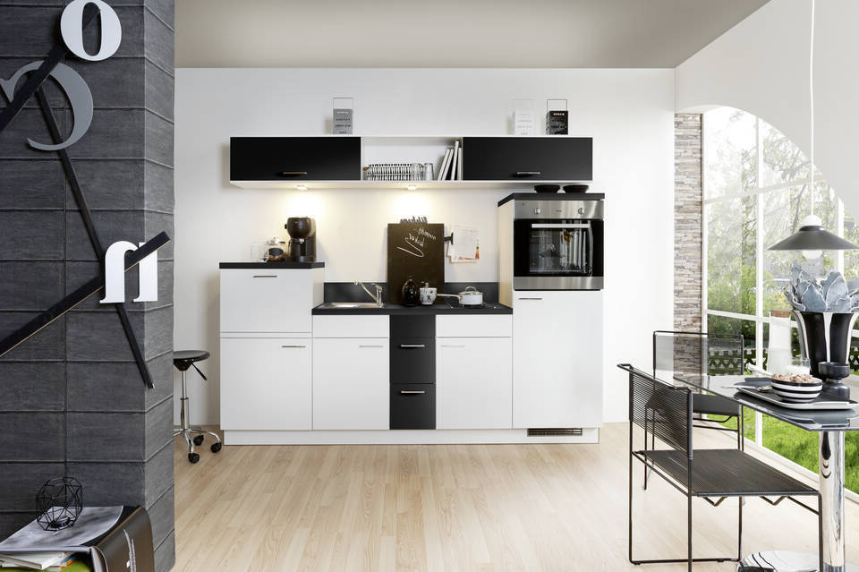 Express Küchenzeile mit Geräten in Weiß & Schwarz: 250 cm, Spüle links | Singleküche "EXK270-2-1-l"