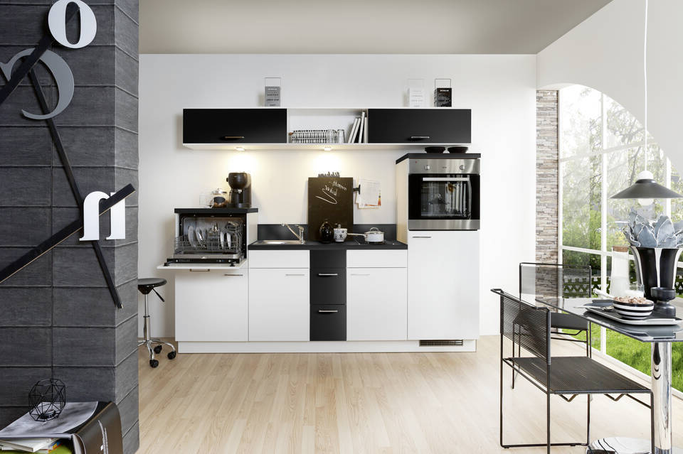 Express Küchenzeile mit Geräten in Weiß & Schwarz: 250 cm, Spüle links | Singleküche "EXK270-2-1-l"