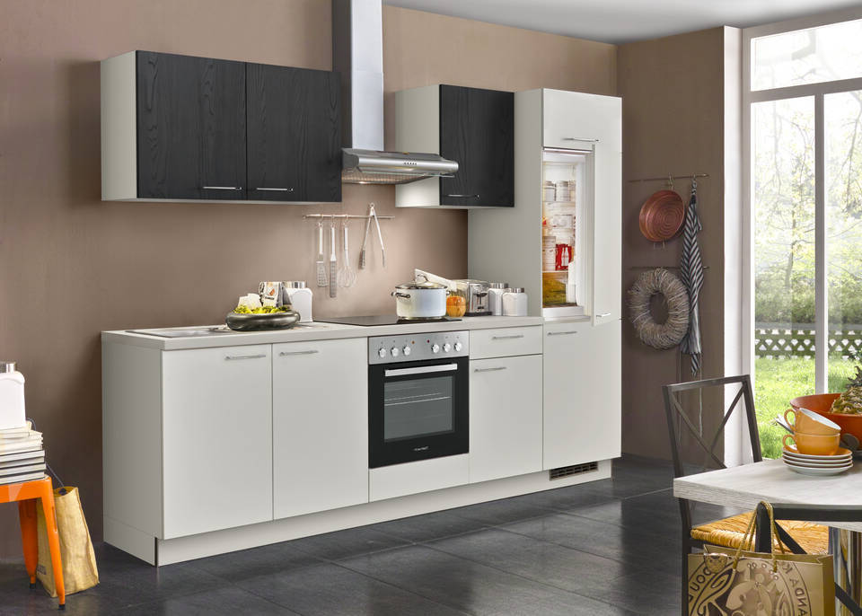 Express Küchenzeile mit Geräten in Hellgrau & Esche schwarz: 270 cm, Spüle links | Singleküche "EXK280-27-1-l"