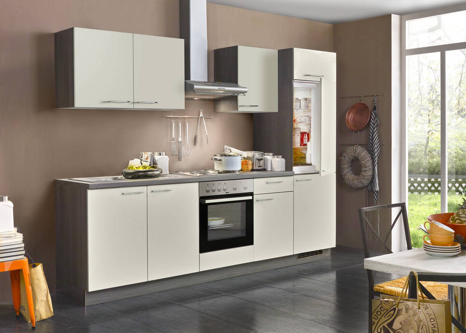 Express Küchenzeile mit Geräten in Hellgrau & Eiche grau: 270 cm, Spüle links | Singleküche "EXK280-12-1"
