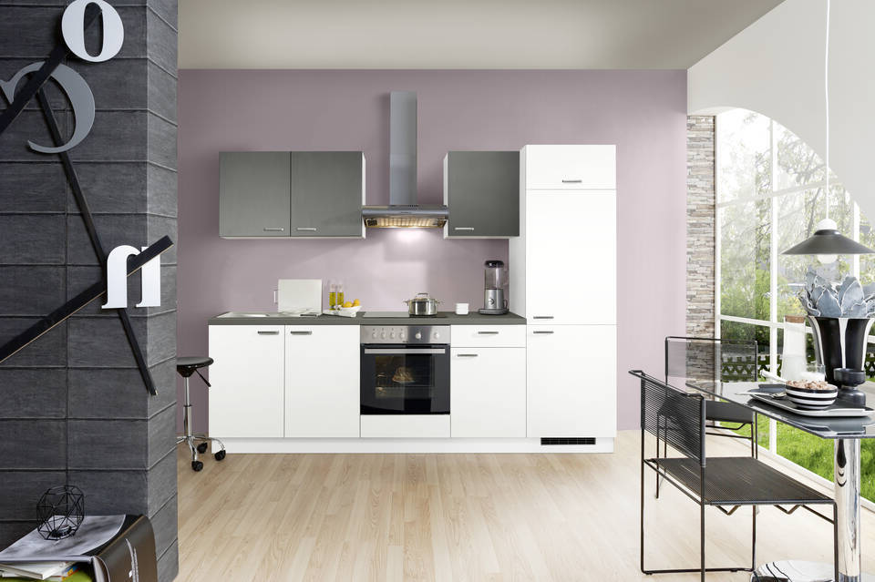 Express Küchenzeile mit Geräten in Weiß & Anthrazit: 270 cm, Spüle links | Singleküche "EXK280-17-1-l"