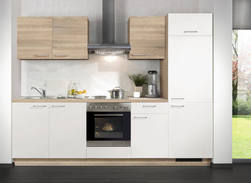 Express Küchenzeile mit Geräten in Weiß & Bergeiche: 270 cm, Spüle links | Singleküche "EXK280-16-1-l" / Bild 2