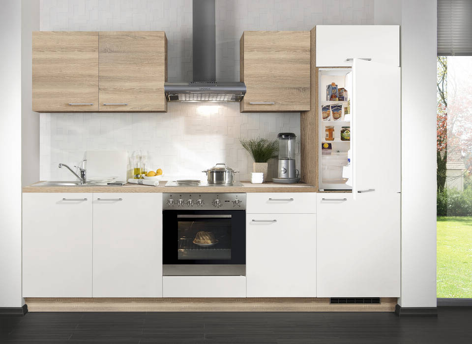 Express Küchenzeile mit Geräten in Weiß & Bergeiche: 270 cm, Spüle links | Singleküche "EXK280-16-1-l" / Bild 3