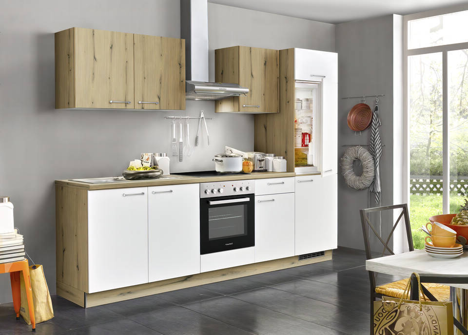 Express Küchenzeile mit Geräten in Weiß & Eiche astig: 270 cm, Spüle links | Singleküche "EXK280-31-1-l"