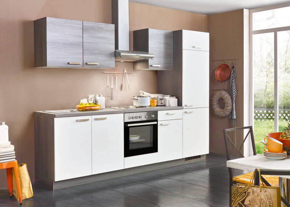 Express Küchenzeile mit Geräten in Weiß & Eiche grau: 270 cm, Spüle links | Singleküche "EXK280-15-1-l"