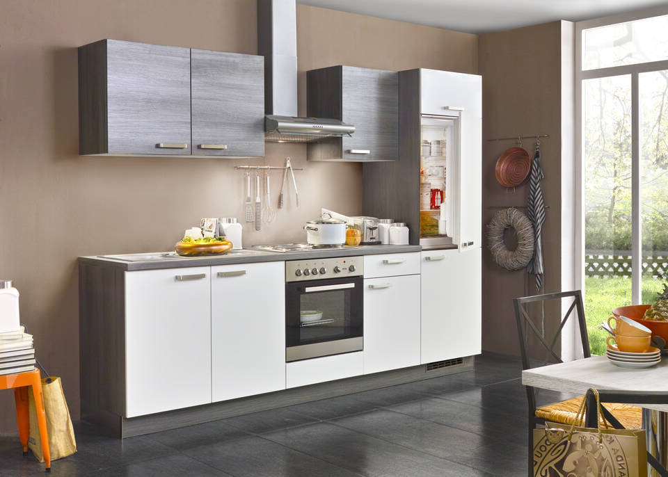Express Küchenzeile mit Geräten in Weiß & Eiche grau: 270 cm, Spüle links | Singleküche "EXK280-15-1-l" / Bild 2