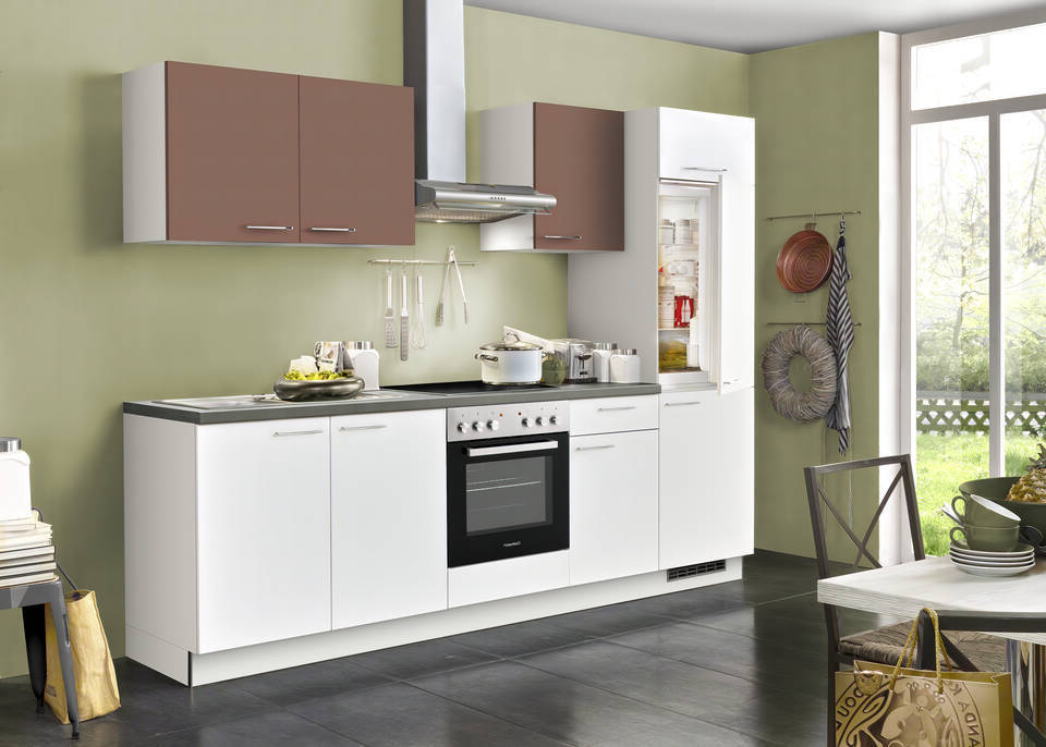 Express Küchenzeile mit Geräten in Weiß & Karminrot & Stahl dunkel: 270 cm, Spüle links | Singleküche "EXK280-30-1-l"