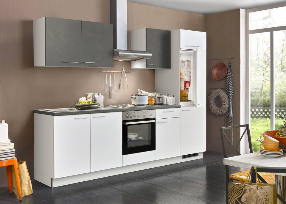 Express Küchenzeile mit Geräten in Weiß & Stahl dunkel: 270 cm, Spüle links | Singleküche "EXK280-19-1-l"