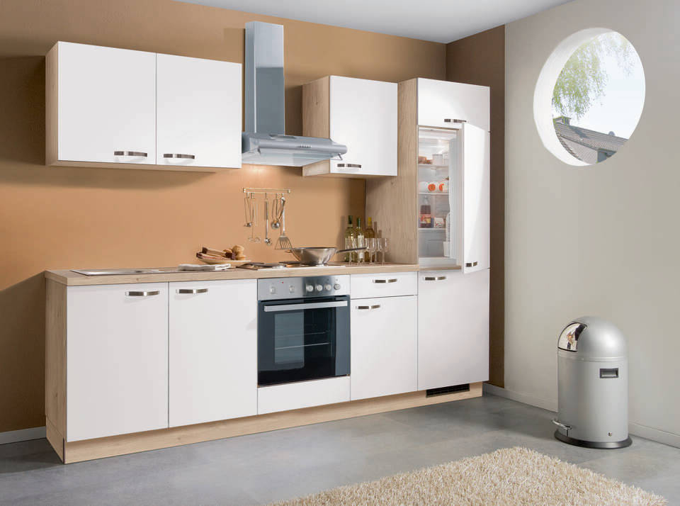 Express Küchenzeile mit Geräten in Weiß & Wildeiche: 270 cm, Spüle links | Singleküche "EXK280-3-1-l" / Bild 1