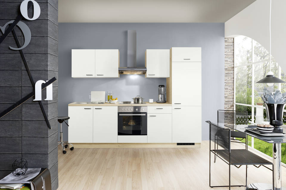 Express Küchenzeile mit Geräten in Weiß & Wildeiche: 270 cm, Spüle links | Singleküche "EXK280-3-1-l" / Bild 2