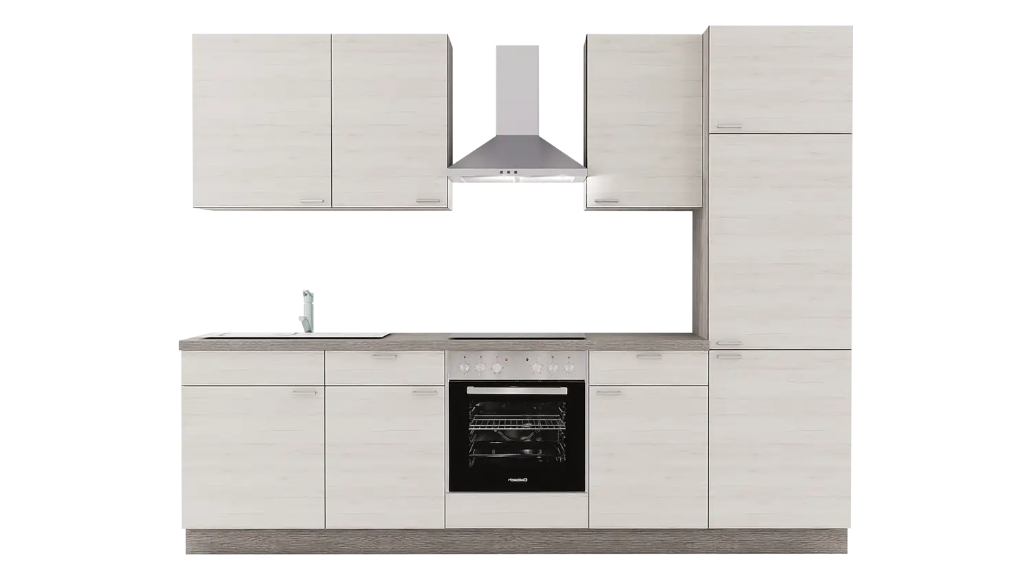Express Küchenzeile mit Geräten in Eiche weiß & Eiche grau: 280 cm, Spüle links | Singleküche "EXK310-5-1-l"