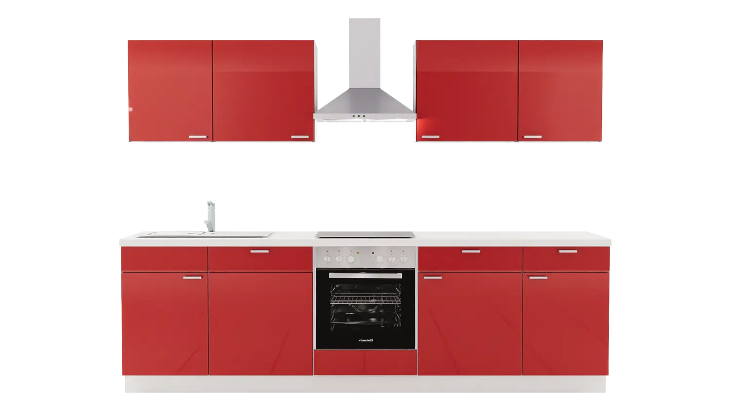 Express Küchenzeile mit Geräten in Marsrot Hochglanz & Weiß: 280 cm, Spüle links | Singleküche "EXK330-6-1-l"
