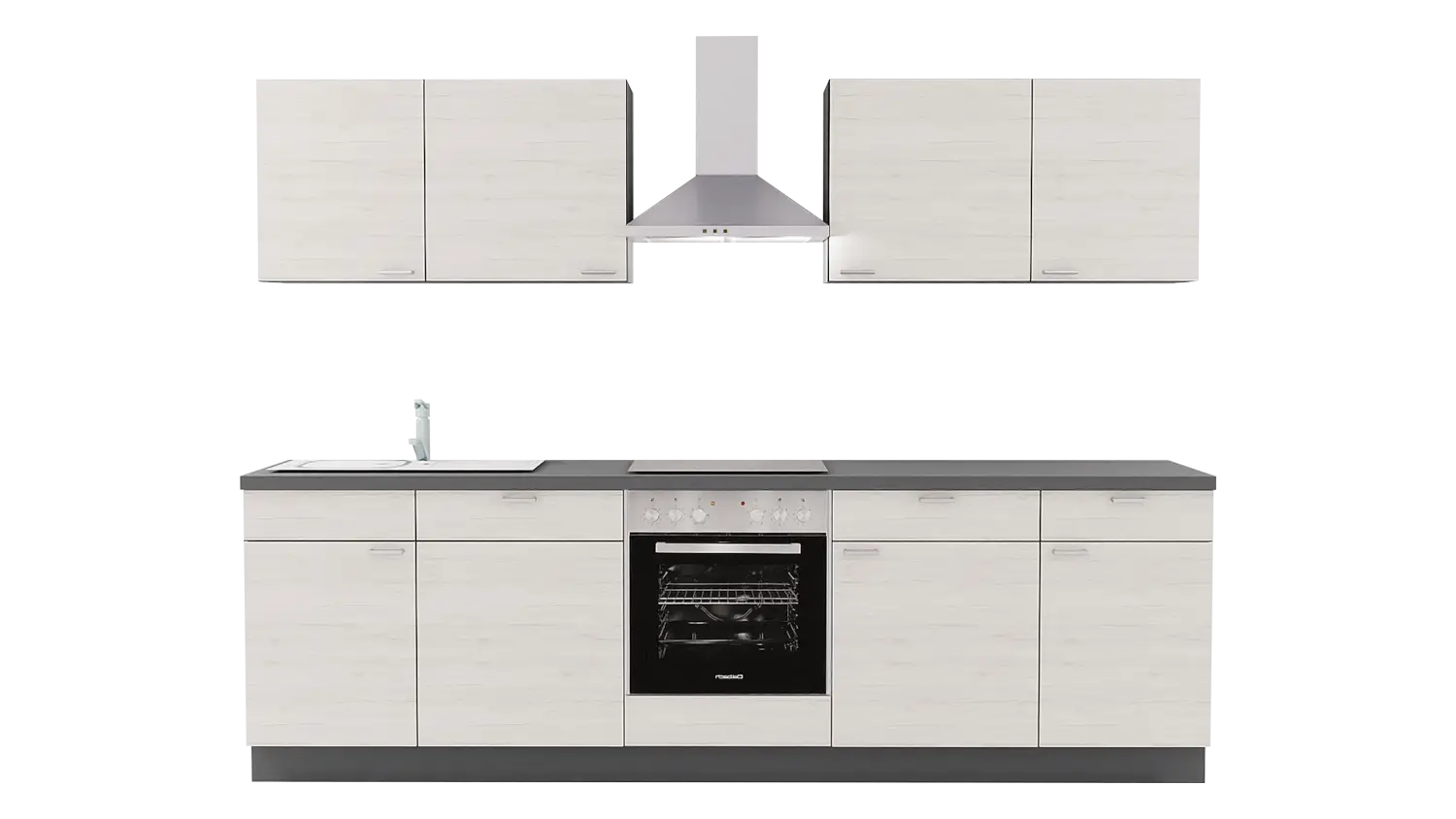 Express Küchenzeile mit Geräten in Weiß Hochglanz & Beton hell: 280 cm, Spüle links | Singleküche "EXK330-3-1-l"