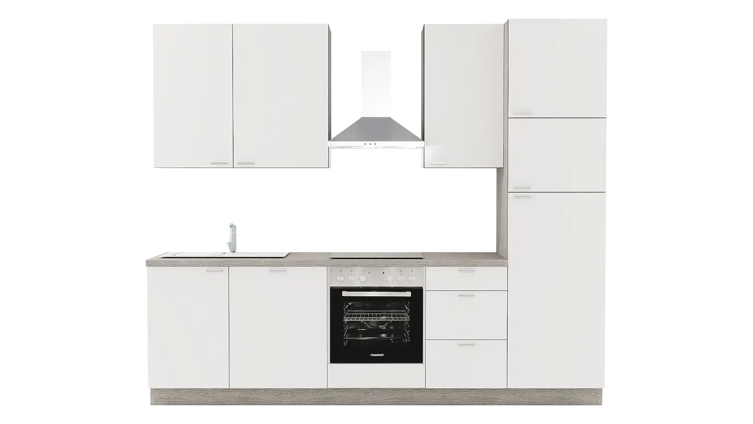 Express Küchenzeile mit Geräten in Weiß & Eiche grau: 280 cm, Spüle links | Singleküche "EXK340-1-1-l"