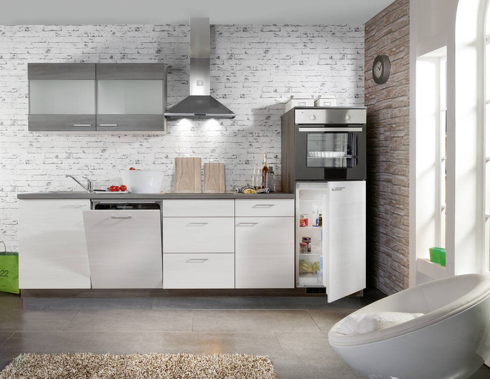 Express Küchenzeile mit Geräten in Eiche weiß & Eiche grau: 290 cm, Spüle links | Singleküche "EXK360-1-1-l"