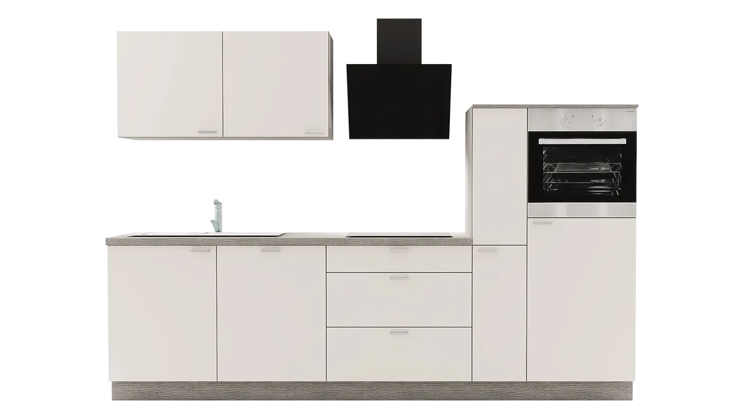 Express Küchenzeile mit Geräten in Magnolia & Eiche grau: 290 cm, Spüle links | Singleküche "EXK370-5-1-l"