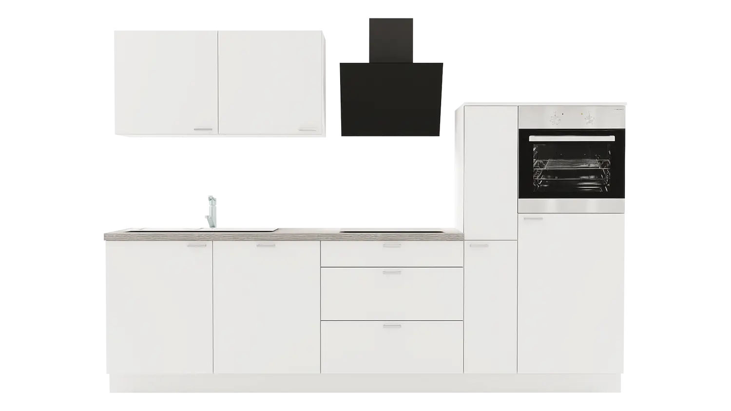 Express Küchenzeile mit Geräten in Weiß & Eiche grau: 290 cm, Spüle links | Singleküche "EXK370-1-1-l"
