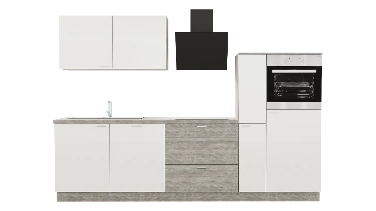 Express Küchenzeile mit Geräten in Weiß Hochglanz & Eiche grau: 290 cm, Spüle links | Singleküche "EXK370-7-1-l"