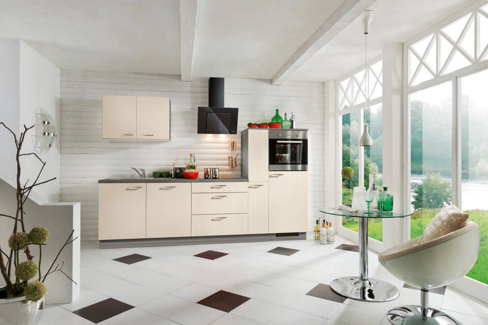 Express Küchenzeile mit Geräten in Magnolia & Eiche grau: 290 cm, Spüle links | Singleküche "EXK370-5-1-l"