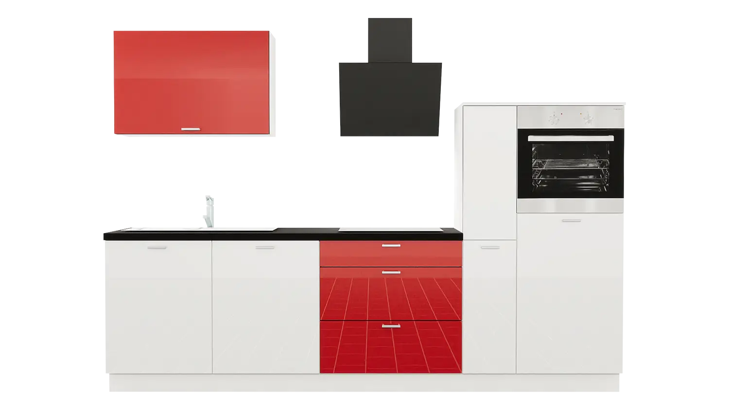 Express Küchenzeile mit Geräten in Weiß Hochglanz & Marsrot Hochglanz & Schwarz: 290 cm, Spüle links | Singleküche "EXK380-2-1-l"