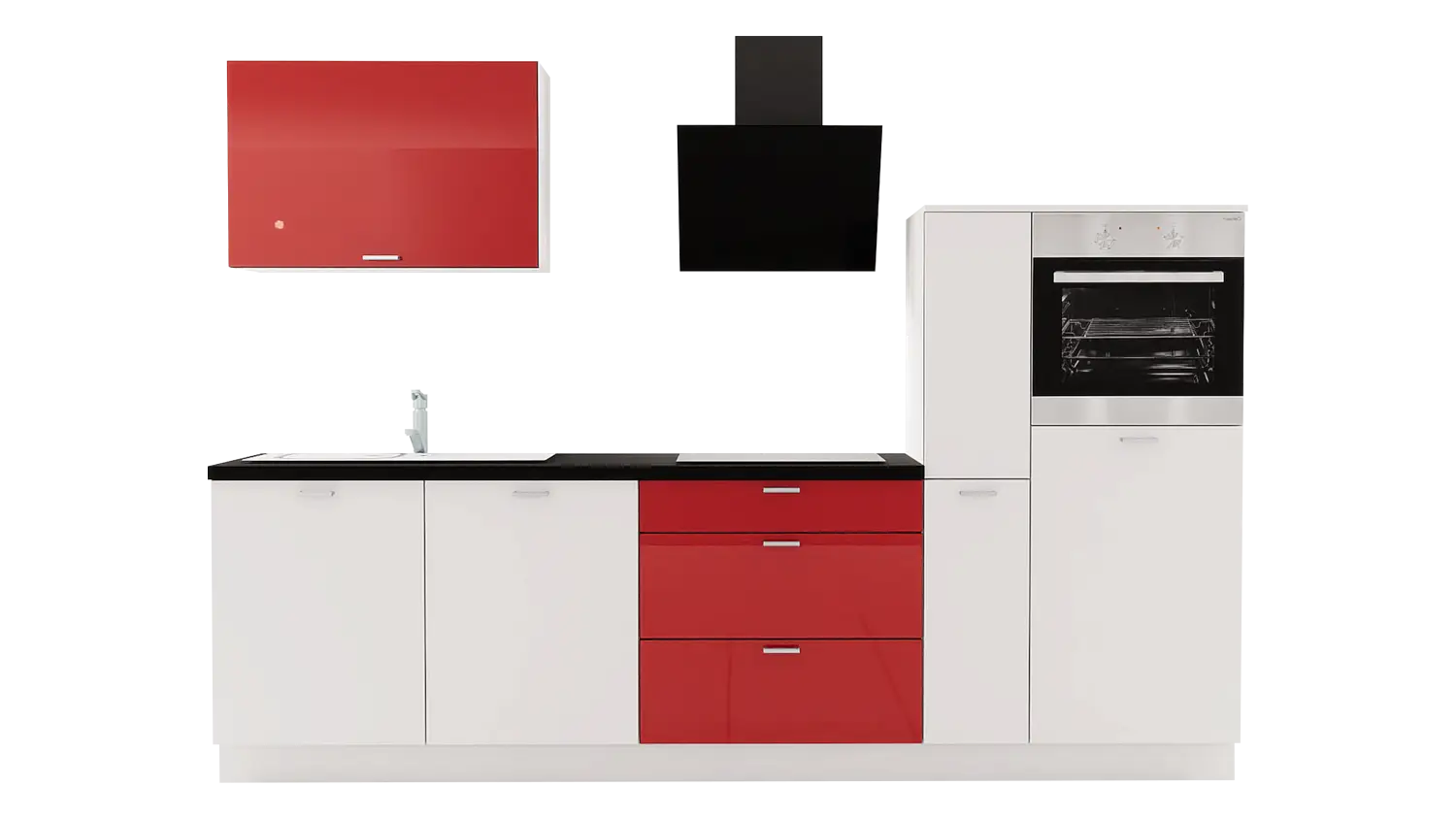 Express Küchenzeile mit Geräten in Weiß & Marsrot Hochglanz & Schwarz: 290 cm, Spüle links | Singleküche "EXK380-1-1-l"