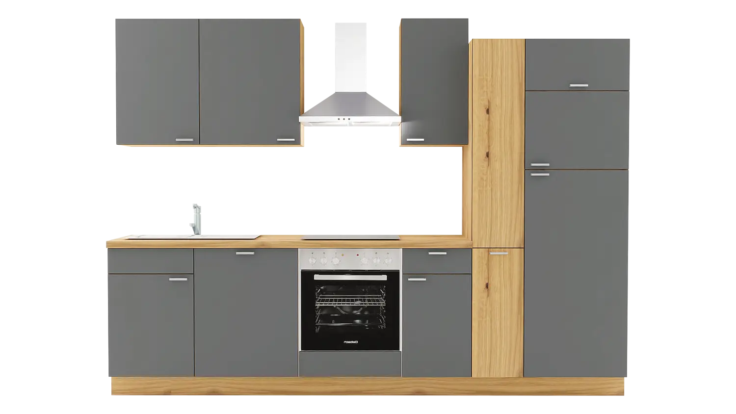 Express Küchenzeile mit Geräten in Anthrazit & Eiche astig: 300 cm, Spüle links | Singleküche "EXK390-4-1-l" / Bild 1
