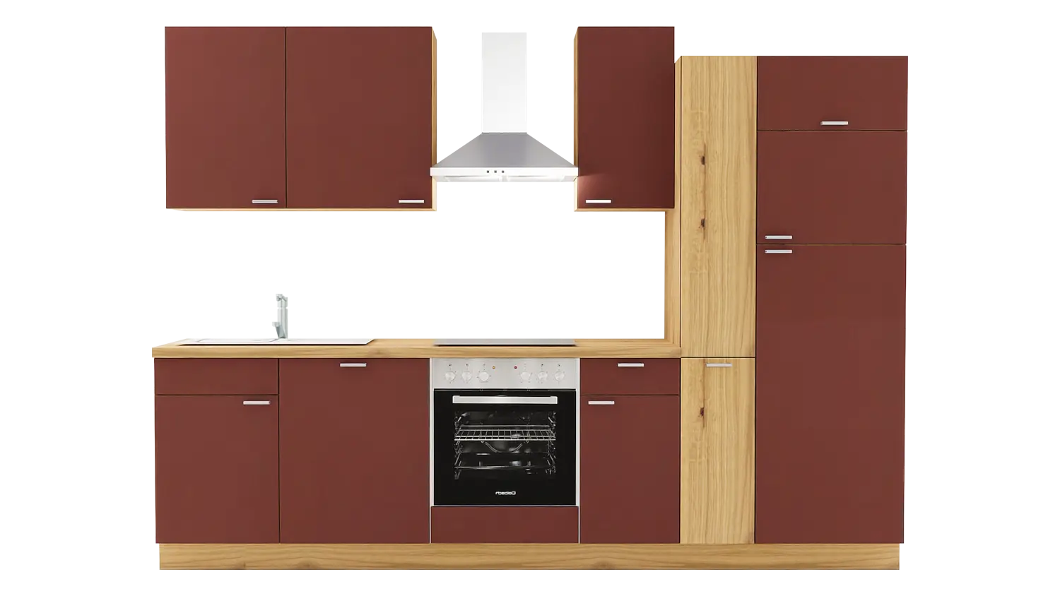 Express Küchenzeile mit Geräten in Karminrot & Eiche astig: 300 cm, Spüle links | Singleküche "EXK390-3-1-l" / Bild 1