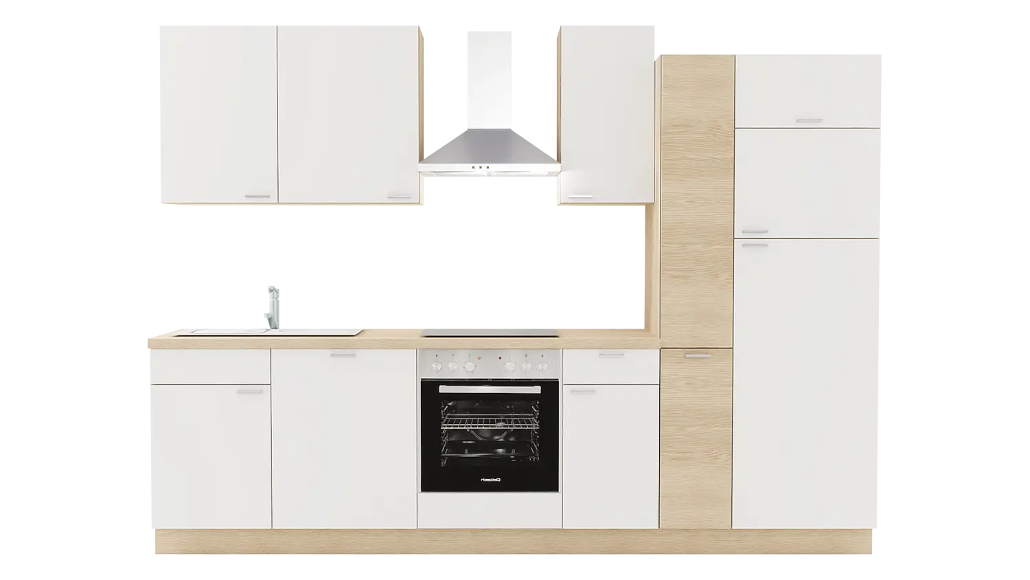 Express Küchenzeile mit Geräten in Weiß & Wildeiche: 300 cm, Spüle links | Singleküche "EXK390-1-1-l" / Bild 1