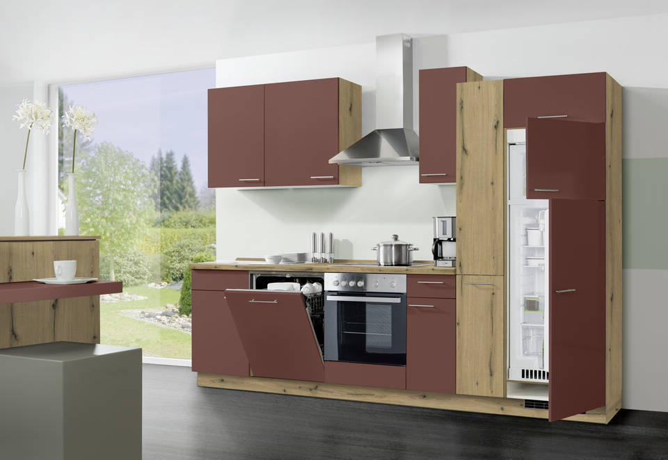 Express Küchenzeile mit Geräten in Karminrot & Eiche astig: 300 cm, Spüle links | Singleküche "EXK390-3-1-l" / Bild 2