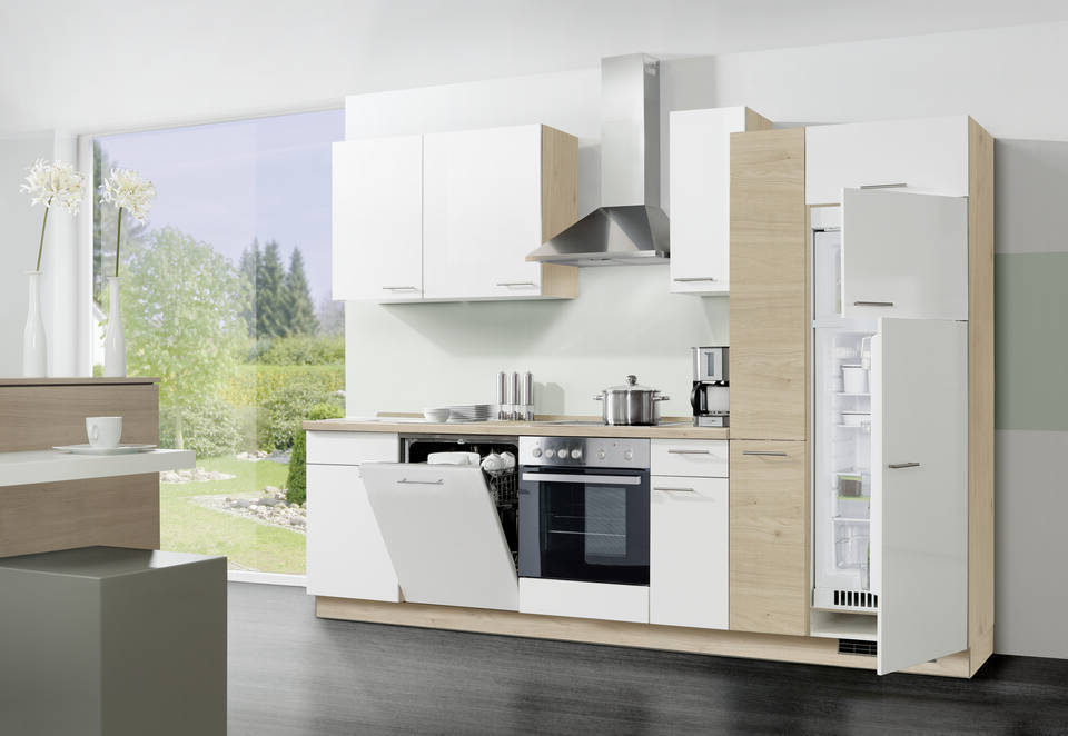 Express Küchenzeile mit Geräten in Weiß & Wildeiche: 300 cm, Spüle links | Singleküche "EXK390-1-1-l" / Bild 2
