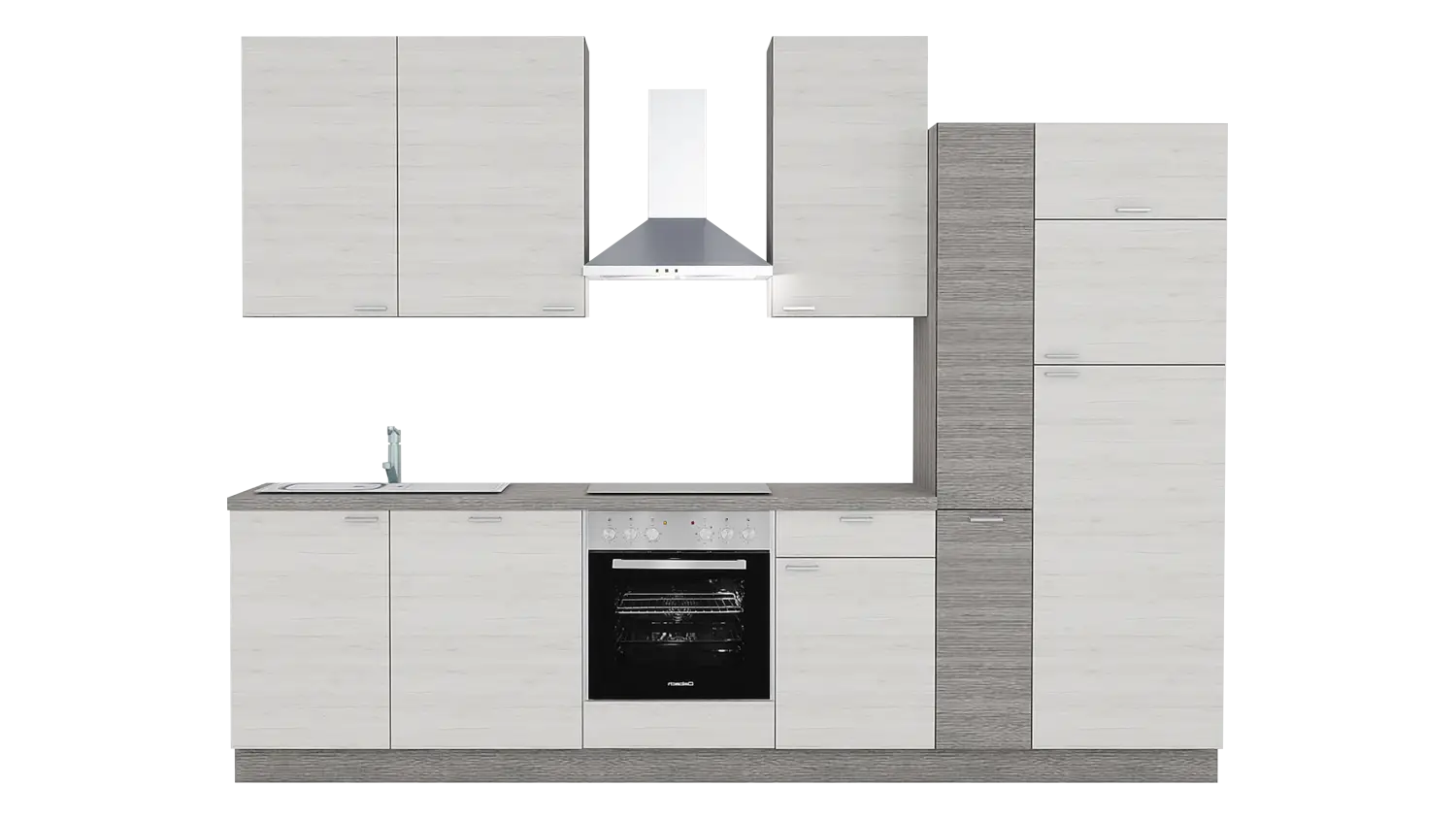 Express Küchenzeile mit Geräten in Eiche weiß & Eiche grau: 310 cm, Spüle links | Küchenblock "EXK410-1-1-l"