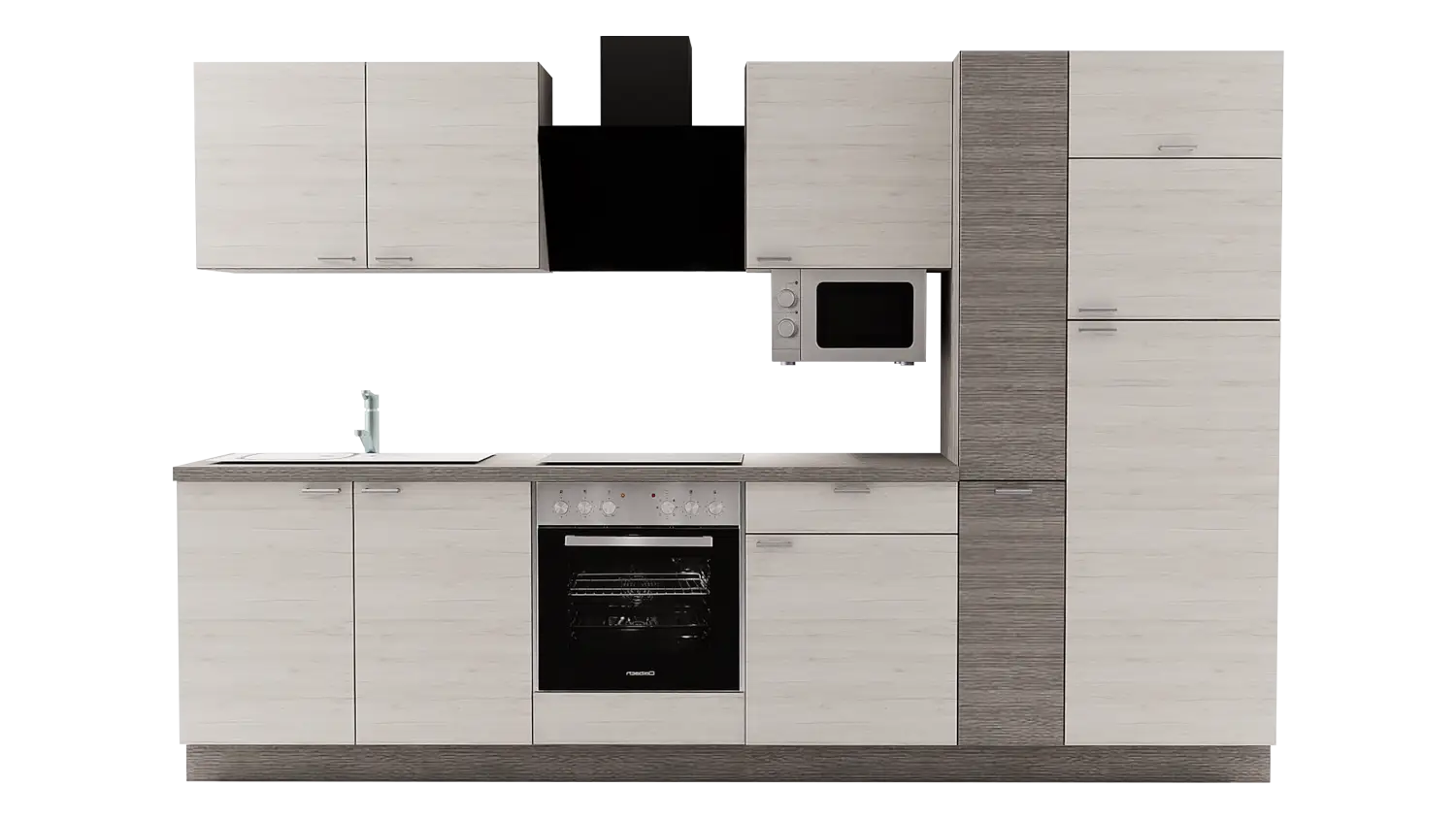 Express Küchenzeile mit Geräten in Eiche weiß & Eiche grau: 310 cm, Spüle links | Küchenblock "EXK420-7-1-l"