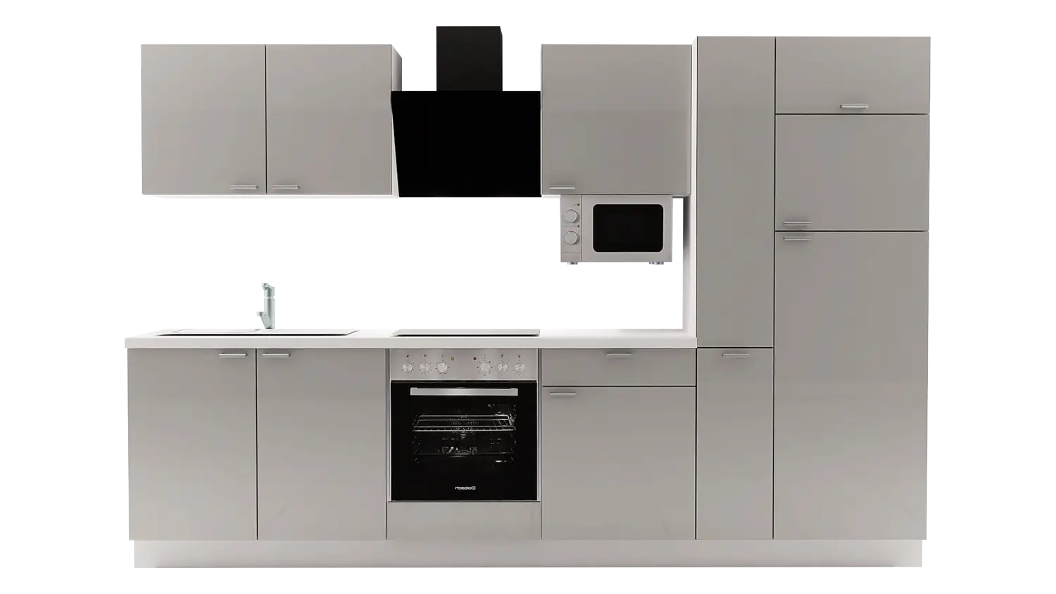Express Küchenzeile mit Geräten in Hellgrau Hochglanz & Weiß: 310 cm, Spüle links | Küchenblock "EXK420-8-1-l"