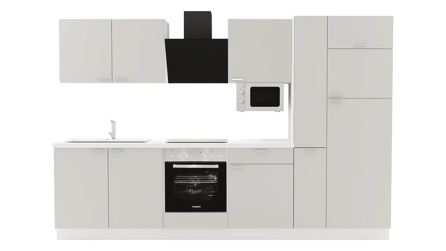 Express Küchenzeile mit Geräten in Hellgrau & Weiß: 310 cm, Spüle links | Küchenblock "EXK420-4-1-l"