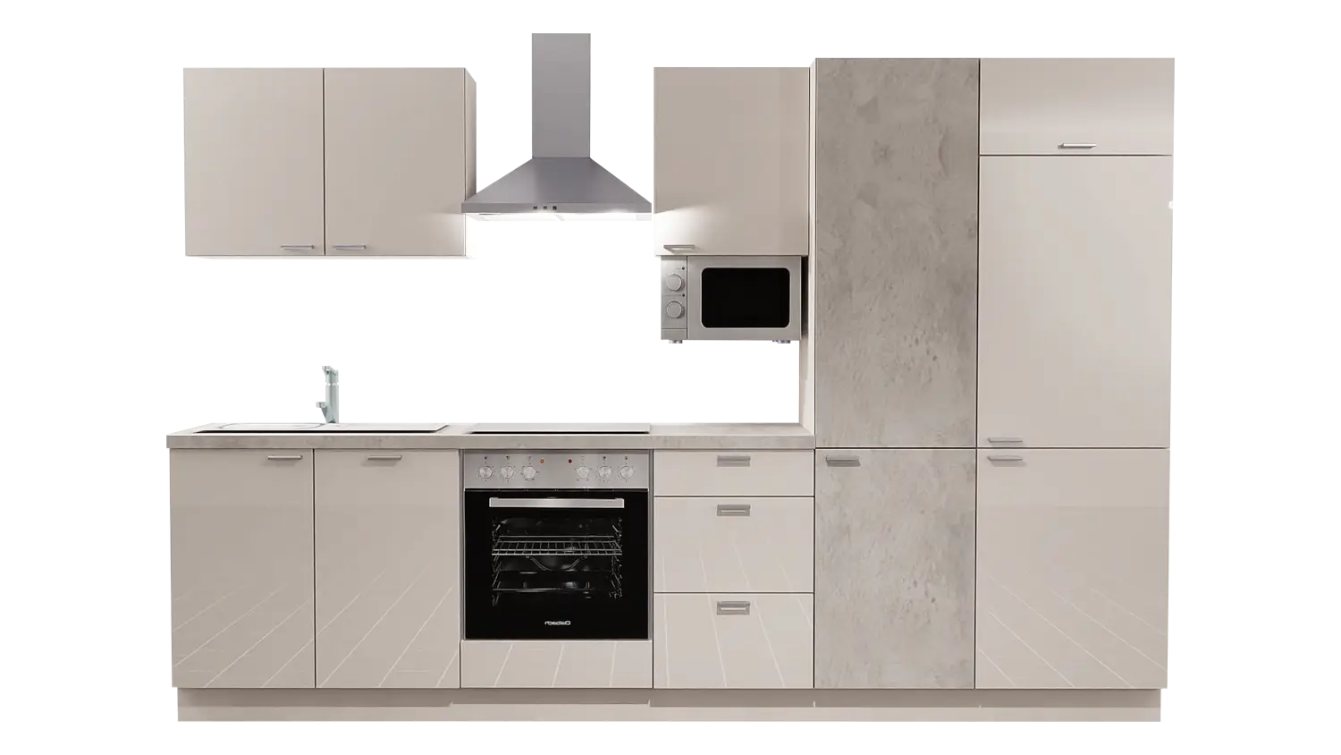 Express Küchenzeile mit Geräten in Magnolia Hochglanz & Beton hell: 310 cm, Spüle links | Küchenblock "EXK430-4-1-l"