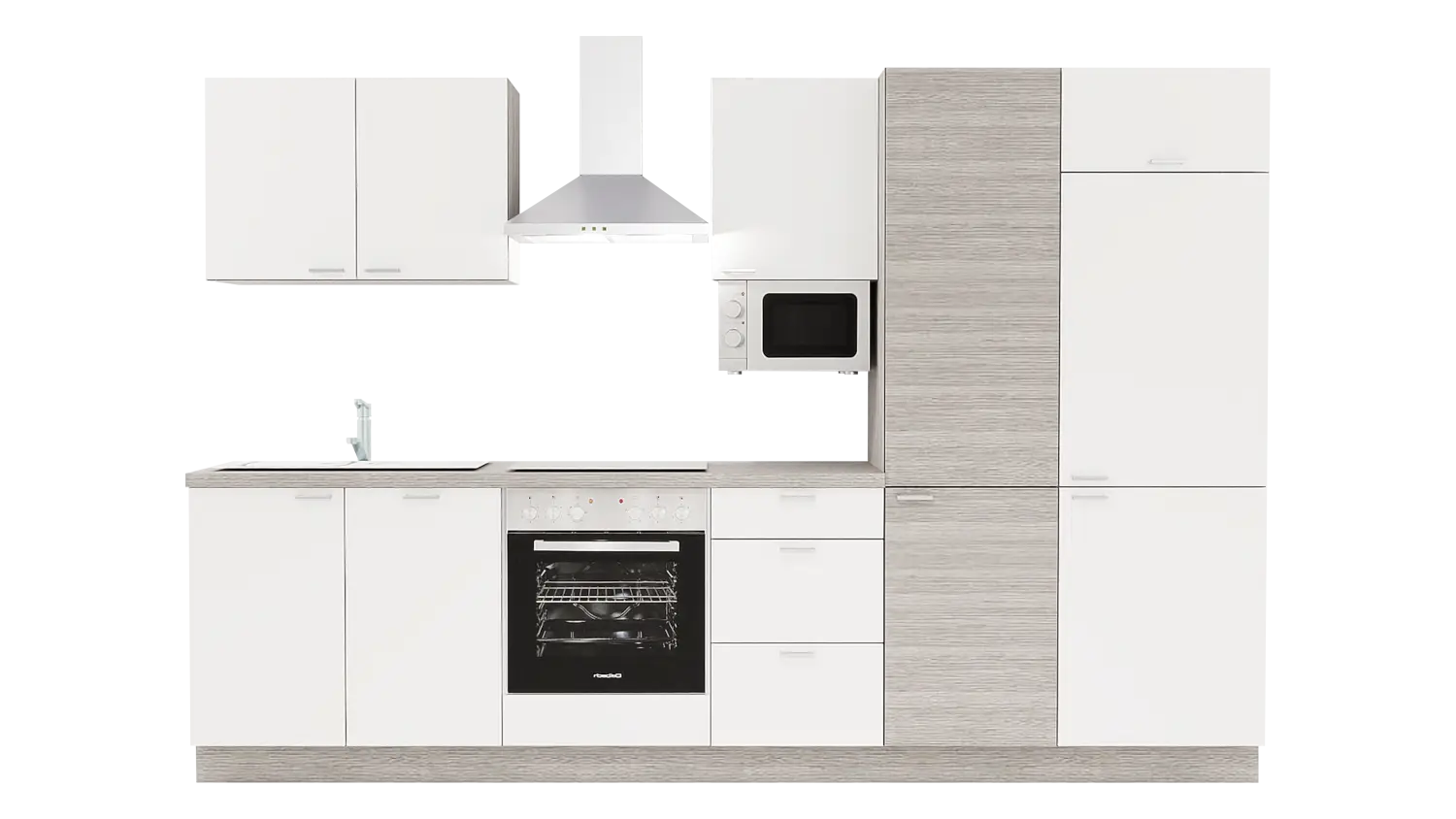 Express Küchenzeile mit Geräten in Weiß & Eiche grau: 310 cm, Spüle links | Küchenblock "EXK430-1-1-l"