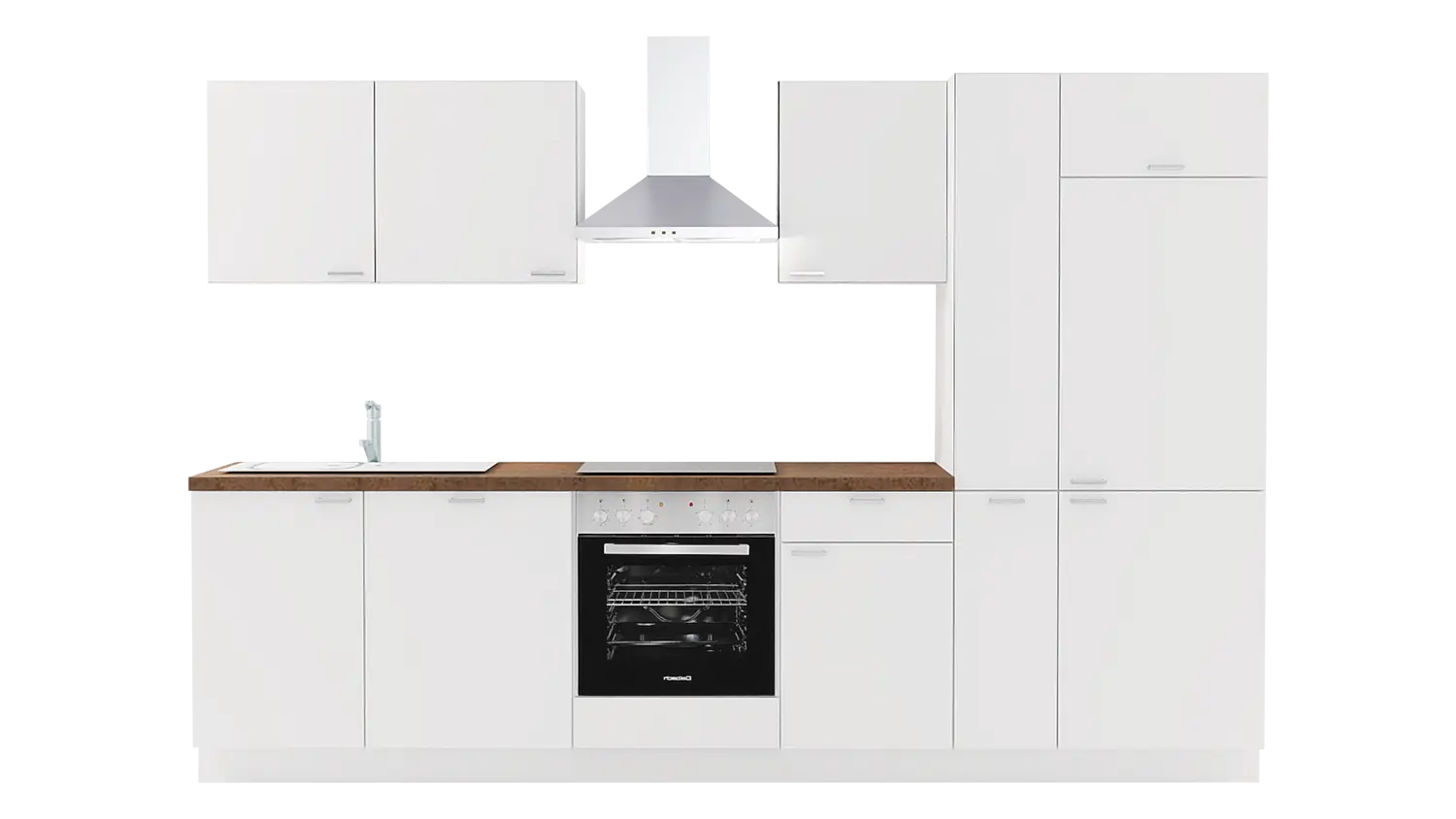 Express Küchenzeile mit Geräten in Weiß & Korthenstahl: 310 cm, Spüle links | Küchenblock "EXK450-2-1-l"