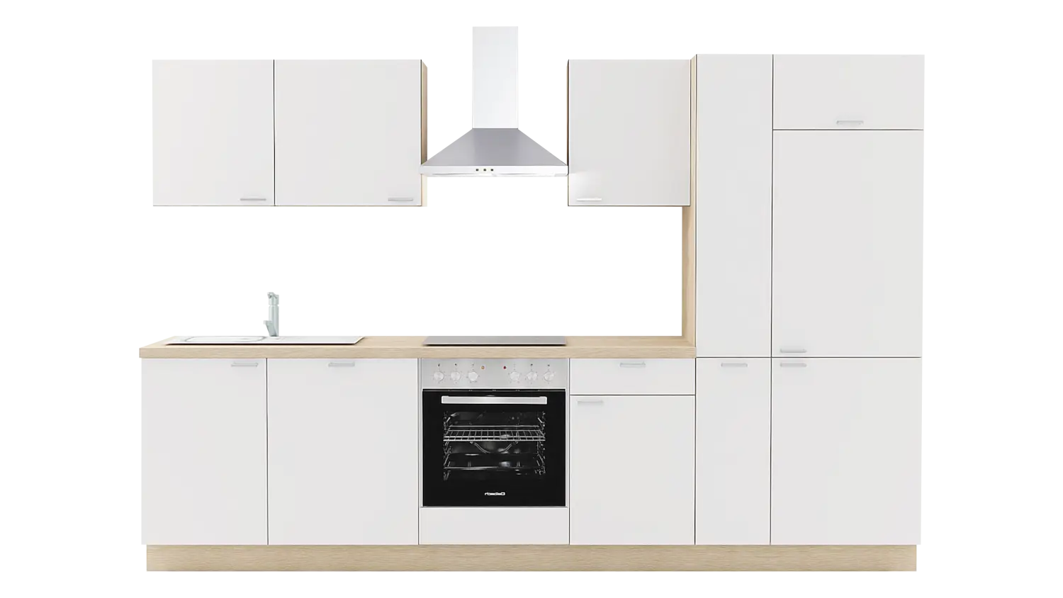 Express Küchenzeile mit Geräten in Weiß & Wildeiche: 310 cm, Spüle links | Küchenblock "EXK450-3-1-l"