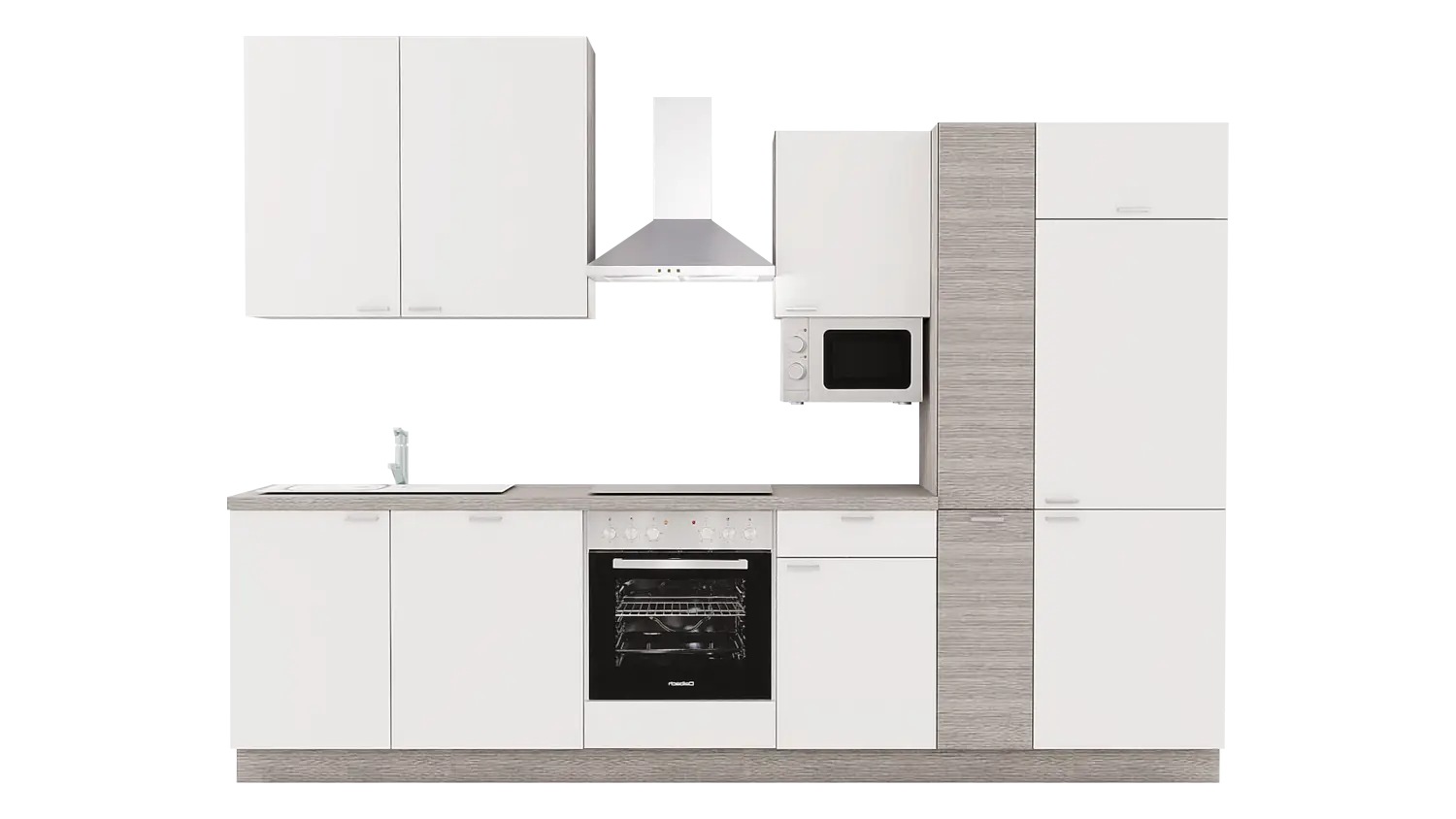 Express Küchenzeile mit Geräten in Weiß & Eiche grau: 310 cm, Spüle links | Küchenblock "EXK460-1-1-l"
