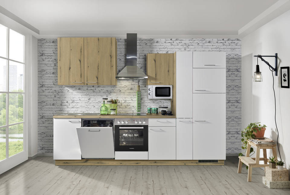 Express Küchenzeile mit Geräten in Weiß & Eiche astig: 310 cm, Spüle links | Küchenblock "EXK470-3-1-l"