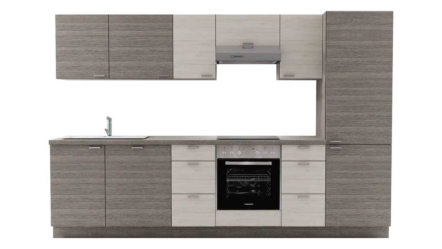 Express Küchenzeile mit Geräten in Eiche weiß & Eiche grau: 310 cm, Spüle links | Küchenblock "EXK480-2-1-l"