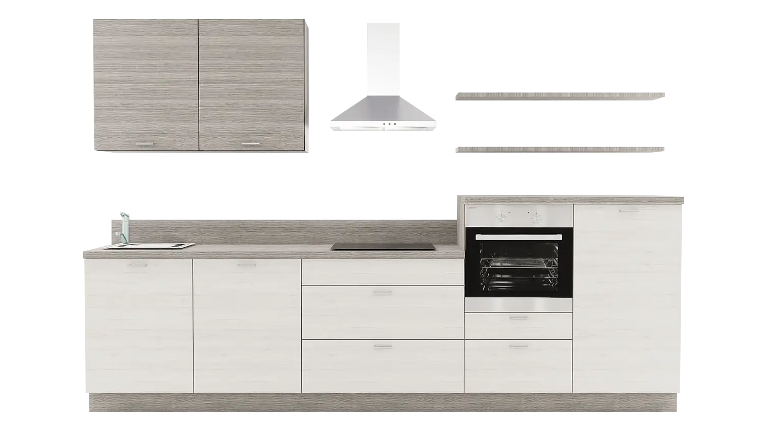 Express Küchenzeile mit Geräten in Eiche weiß & Eiche grau: 330 cm, Spüle links | Küchenblock "EXK490-3-1-l"