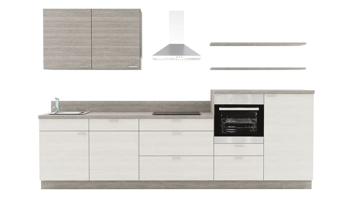 Express Küchenzeile mit Geräten in Eiche weiß & Eiche grau: 330 cm, Spüle links | Küchenblock "EXK500-2-1-l"