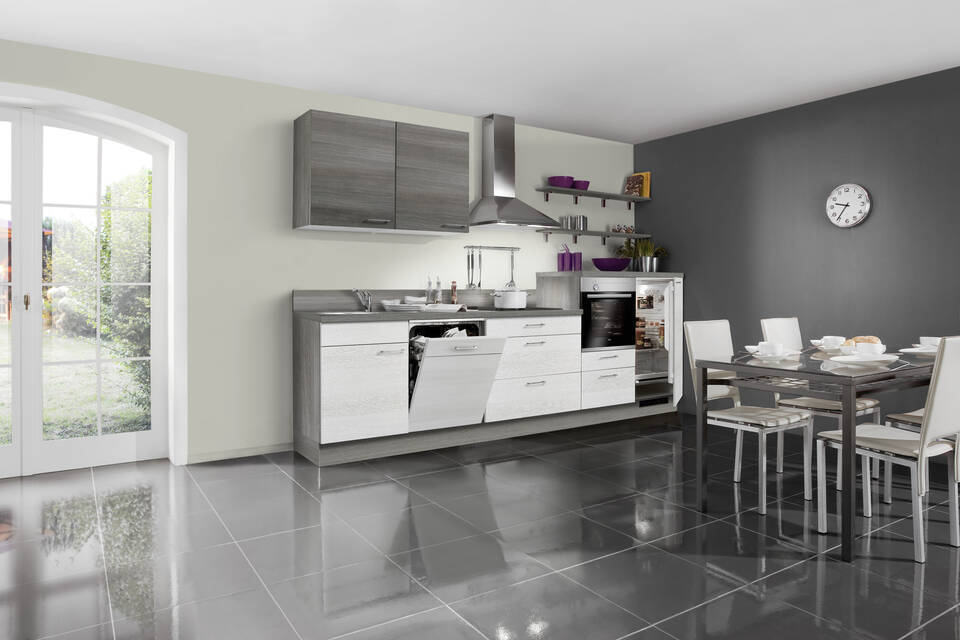 Express Küchenzeile mit Geräten in Eiche weiß & Eiche grau: 330 cm, Spüle links | Küchenblock "EXK500-2-1-l"