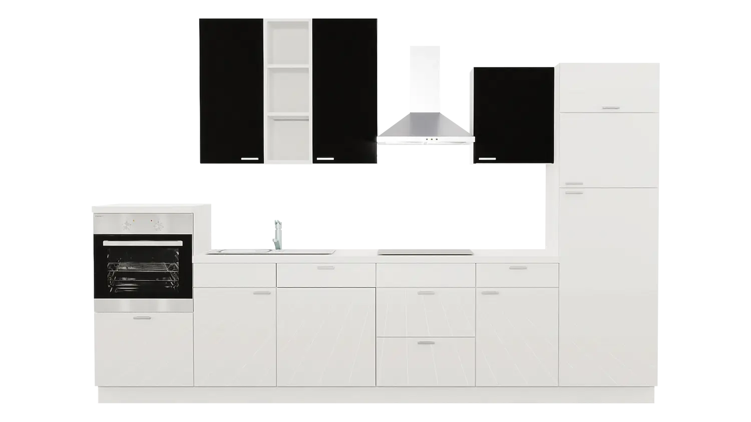 Express Küchenzeile mit Geräten in Weiß Hochglanz & Schwarz & Weiß: 340 cm, Spüle links | Küchenblock "EXK510-3-1-l"