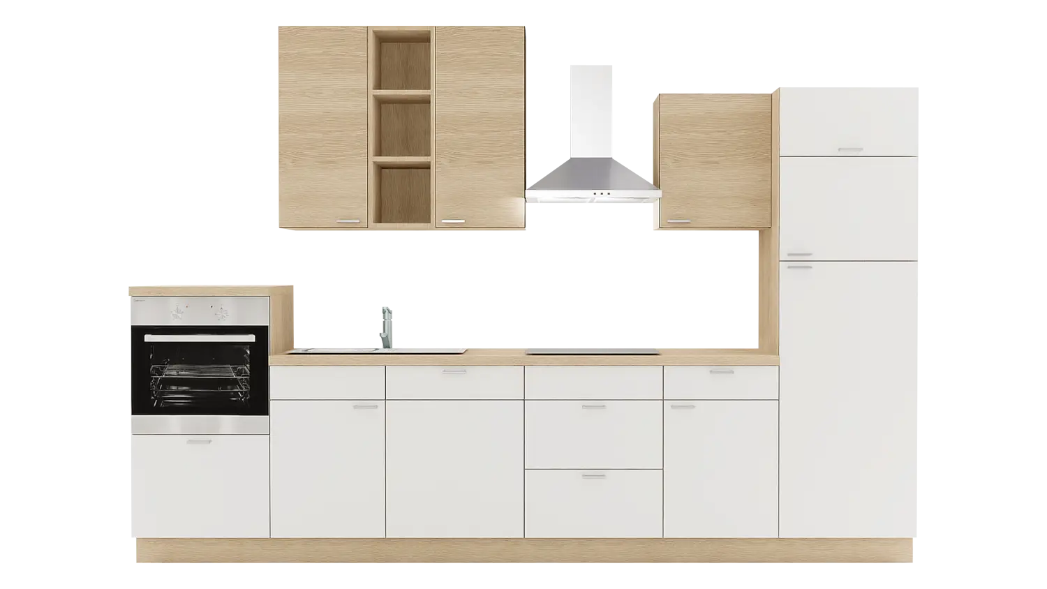 Express Küchenzeile mit Geräten in Weiß & Wildeiche: 340 cm, Spüle links | Küchenblock "EXK510-1-1-l"
